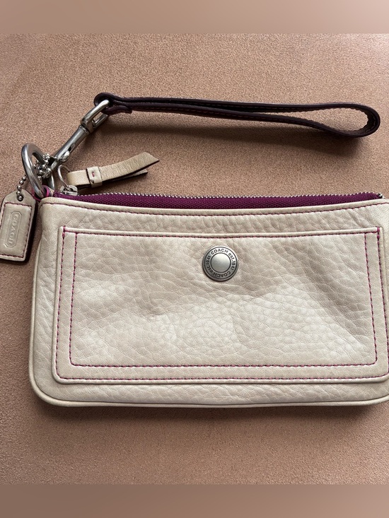 Coach Handbags - Coach Cream Leather Wristlet with purple Stitching, Lining and Zip